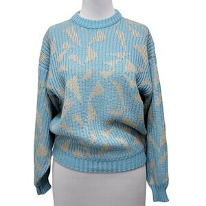 Saturdays‎ Vintage 80s Blue Beige Geometric Ribbed Knit Crewneck Sweater M